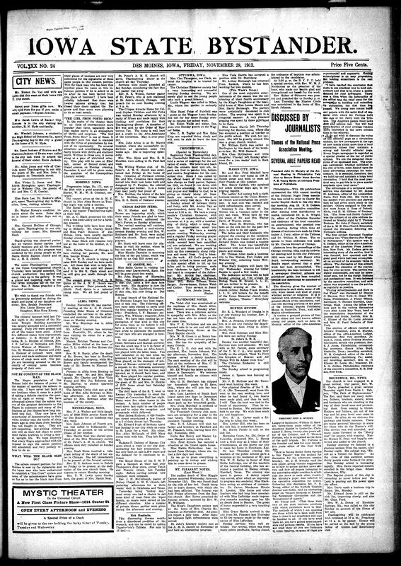 Contents include but are not limited to local social news (illnesses, visits, Thanksgiving reunions, weddings, and funerals), religious activities and revivals (Union Thanksgiving services, baptisms, Holiness Mission, St. John's A.M.E., and multiple Baptist and A.M.E. churches), women’s clubs and auxiliaries (King’s Daughters, Violet Club, E.L.D. Club), fraternal and literary events (Masonic banquet, Cosmopolitan Literary Society, Order of Calantha), regional updates from Buxton, Albia, Minneapolis, Moberly, Cedar Rapids, Mason City, Davenport, and Brunswick, and other topics.