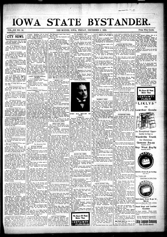 Contents include but are not limited to local social news (illnesses, visits, Thanksgiving dinners, concerts, and weddings), religious events and revivals (A.M.E., Baptist, and Congregational churches), women's clubs and auxiliaries (Wednesday Night Club, Mothers' Congress, M.C.T. Club, Art and Culture Club), fraternal activities (Princess Zorah O.E.S., Mysterioso Club, Silver Dollar Club), obituaries and funerals (Alfred Chesney, Duke Benson, Mr. Jones), regional updates from Buxton, Quincy, Sioux City, Ft. Madison, Macon, Moberly, Cedar Rapids, Clinton, Council Bluffs, and Davenport, and other topics.