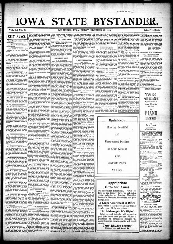 Contents include but are not limited to local social news (illnesses, visits, Thanksgiving events, weddings, and funerals), church activities and revivals (A.M.E., Baptist, Congregational, Methodist churches), women’s clubs and societies (Mary Church Terrell Club, Women’s Aid, Princess Oziel O.E.S.), fraternal events and Masonic lodge news (Hawkeye Elks, Masons in Mason City), civic and cultural programs (Des Moines Negro Lyceum, “Trip Around the World” benefit), regional updates from Mason City, St. Paul, and Minneapolis, and other topics.