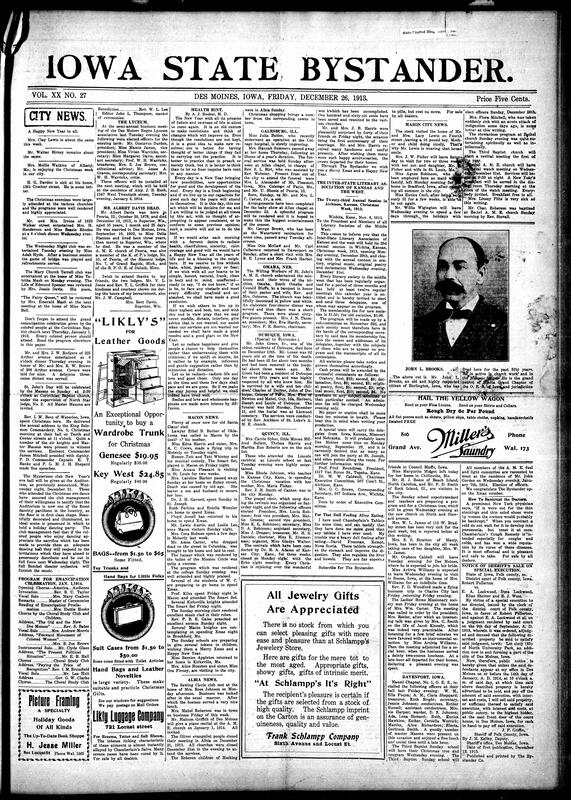 Contents include but are not limited to local social news (holiday visits, illnesses, family gatherings), religious activities (Christmas services, watch meetings, sermons at A.M.E. and Baptist churches), club and lodge events (Mary Church Terrell Club, Mysterioso Club, North Star Lodge, Eastern Star, literary societies), obituaries and tributes (Albert Davis, Hannah Summers, Caroline Barber, Amos Carter, John Green), regional updates from Albia, Macon, Mason City, Quincy, Galesburg, Davenport, Omaha, Dubuque, and other topics.