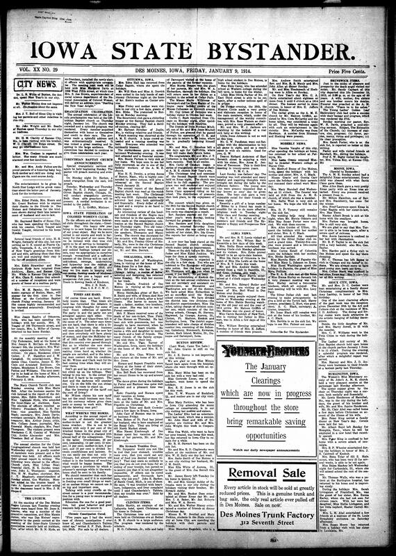 Contents include but are not limited to social news (illnesses, holiday travel, parties, weddings, community dinners, and musical guests), church services and events (St. Paul A.M.E., Corinthian Baptist, Union Congregational, Bethel A.M.E., and other congregations), club activities (Mary Church Terrell Club, City Federation, North Star Lodge, Mission Circle, Benevolent Club, Young Ladies' Golden Leaf Embroidery Club, Silver Dollar Club), speeches and programs celebrating Emancipation Day, educational and religious lectures, news from Ottumwa, Oskaloosa, Buxton, Albia, Moberly, Clinton, Boone, Burlington, and Sioux City, obituaries and funerals (including Mary Marshall, Sandy Cayhart, Minna Smith, and others), and other topics.