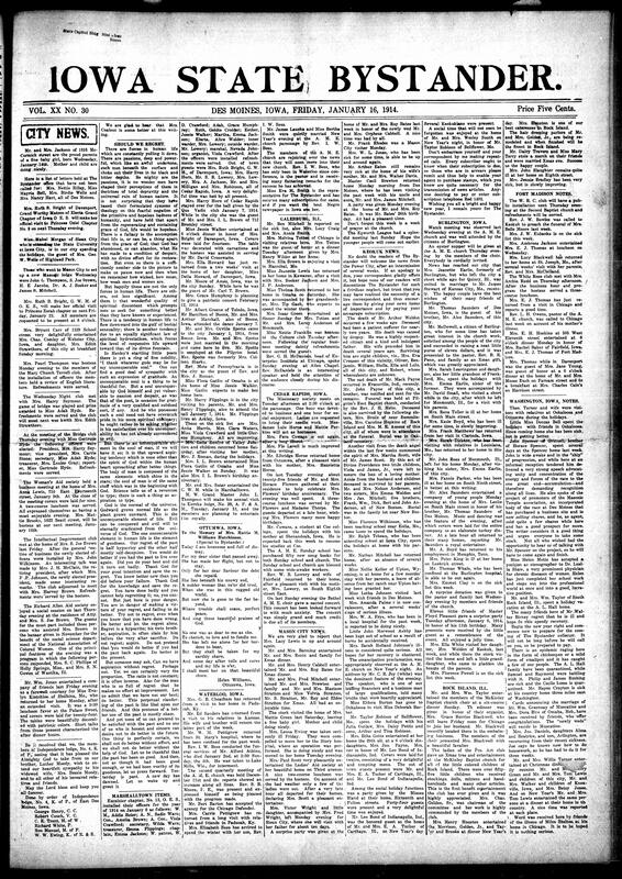 Contents include but are not limited to local social news (births, visits, club parties, and weddings), religious and fraternal events (including visits from Electa Grand Chapter officers and Masonic lodge activities), club meetings (Mary Church Terrell Club, Intellectual Improvement Club, Richard Allen Aid Society, Bridge Club, Woman’s Aid Society), literary reflections on personal growth and morality, regional updates from Marshalltown, Waterloo, Cedar Rapids, Keokuk, Fort Madison, Washington, Burlington, Mason City, Rock Island, Galesburg, and Ottumwa, multiple obituaries and memorials (Luther Moody, Arthur Weldon, Mack Payne, Mrs. Martha Scott), celebrations of Emancipation Day and other holiday observances, and other topics.
