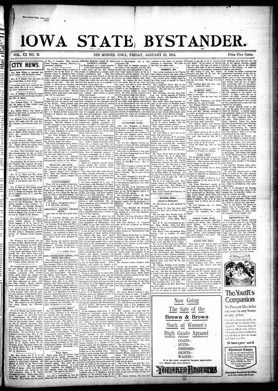 Contents include but are not limited to local social news (illnesses, visits, travel, weddings, dinners), church activities (St. Paul A.M.E., Corinthian Baptist, Maple Street Baptist, Union Congregational, and others), club meetings and programs (Dramatic Art Club, Intellectual Improvement Club, Woman’s Aid Society, Mission Circle, Doric Lodge, Des Moines Negro Lyceum), out-of-town reports from Davenport, Ottumwa, Albia, Buxton, Clarinda, Mason City, and Moberly, Missouri, Western Baptist Convention proceedings, activities of the Iowa Federation School and Home for Girls, suffrage meetings, Emancipation Day tributes, and multiple funerals and obituaries (Isaac Black, Mrs. Sallie West, Mrs. Grant Terrell, Mrs. Angeline Oliver), and other topics.
