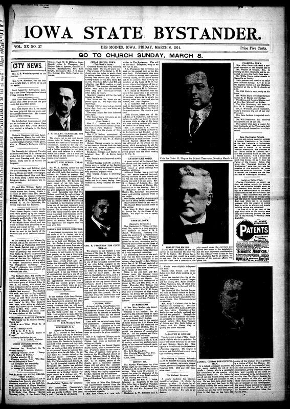 Contents include but are not limited to social updates (illnesses, family visits, weddings, club dinners, musical events, and funerals), church activities across congregations (St. Paul A.M.E., Corinthian Baptist, Maple Street Baptist, Bethel A.M.E., Union Congregational), club meetings and lectures (Intellectual Improvement Club, Mother's Congress, Dramatic Art Club, Woman’s Law and Political Study Club, Richard Allen Aid Society, Callanan Industrial Club), regional updates from Cedar Rapids, Clinton, Clarinda, Keytesville, Keokuk, Quincy, and Beaufort, N.C., coverage of Frederick Douglass birthday events and Negro Freedom Exposition planning, multiple obituaries and memorials (Joseph Red, Lucinda Draper, Mary Coleman, Mary Mosley), political endorsements for local elections, and other topics.