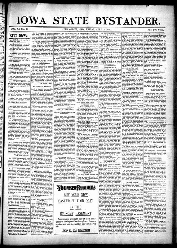 Contents include but are not limited to local social news (illnesses, family visits, weddings, funerals, birthdays, travel, and musical events), religious services and transitions (including farewell reception for Rev. T.M. Brumfield and lectures at A.M.E., Union Congregational, Asbury, and Corinthian Baptist churches), club meetings and programs (Intellectual Improvement Club, Mothers’ Congress, Princess Oziel Chapter of O.E.S., Lyceum Society, Christian Culture Club, and Calantha Order), regional updates from Buxton, Clarinda, Davenport, Oskaloosa, Fort Madison, Washington, Quincy, Moline, St. Joseph, and St. Louis, civic and political organizing (Des Moines city council endorsements, YMCA campaign successes, Lyceum resolutions), tributes to national Black leaders and community figures, and numerous obituaries (including S.S. Matthews, Elizabeth Young, Susie Ewing, and Jerry Douglas), and other topics.