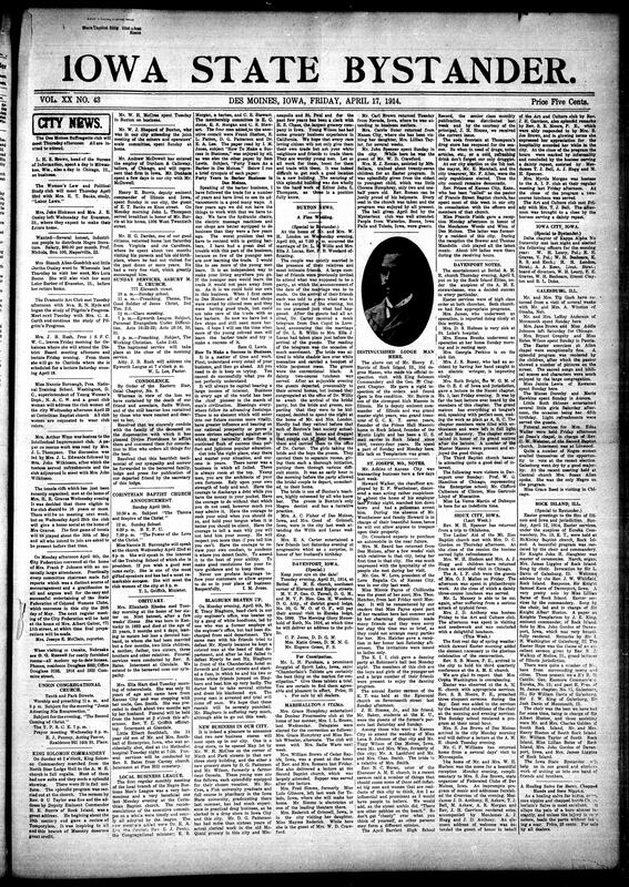 Contents include but are not limited to local social news (illnesses, weddings, travel, club luncheons, and business announcements), church services and activities (St. Paul A.M.E., Union Congregational, Corinthian Baptist, Asbury M.E., and others), club meetings and literary programs (Dramatic Art Club, Woman’s Law and Political Study Club, City Federation of Colored Women’s Clubs, Intellectual Improvement Club), lectures and civic addresses by figures such as Miss Nannie H. Burroughs and Mrs. S. Joe Brown, fraternal events and condolences (Eastern Star, King Solomon Commandery, Business League), detailed reports on Black-owned businesses (grocery and drugstores), political violence against E. Tracy Blagburn, regional updates from Buxton, Davenport, Marshalltown, St. Joseph, Iowa City, Rock Island, Galesburg, Sioux City, and others, and numerous funerals and obituaries (Elizabeth Rhodes, Ella Hart, Sadie Wilson, Elbert Southhall, Edna Waller), and other topics.