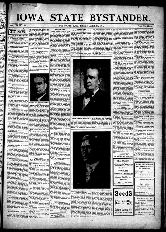 Contents include but are not limited to social updates (illnesses, travel, family visits, club parties, receptions, weddings, funerals, and business announcements), church services and religious programs across congregations (Union Congregational, Corinthian Baptist, Bethel A.M.E., Second Baptist), club meetings and entertainments (R.C. Club, Young Women’s Club, Dramatic Art Club, Princess Oziel Chapter of O.E.S., Progressive Literary Society), political endorsements and statements from candidates (P.H. Martin, Judge McHenry, Frank Shankland), regional reports from Albia, Clinton, Rock Island, Boone, Ottumwa, Colfax, Oskaloosa, Ft. Madison, Galesburg, and Davenport, tributes and resolutions from fraternal orders, civic programs (Western Baptist Convention, club federation reports), literary and musical programs, obituaries and funeral notices (Henry Robinson, Wm. Wormley, Matthew Mitchell, Nellie Howell, Mary Clay, and others), and other topics.