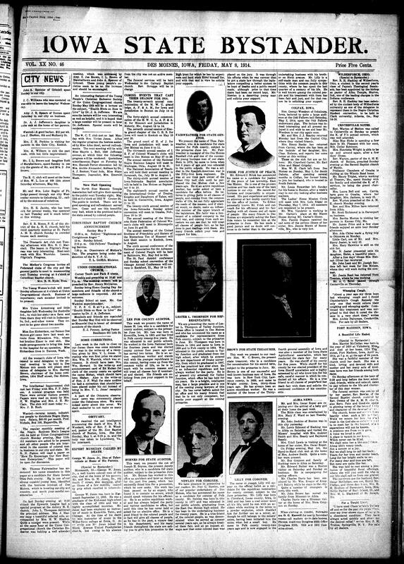 Contents include but are not limited to local social news (illnesses, travel, weddings, club events, lectures, and funerals), religious activities and church events (St. Paul A.M.E., Union Congregational, Corinthian Baptist, Bethel A.M.E., and others), club meetings and programs (R.C. Club, Dramatic Art Club, M.C.T. Club, Young Women’s Club, Intellectual Improvement Club), large-scale fraternal and civic announcements (Masonic, O.E.S., Heroines of Jericho, Iowa State Federation of Colored Women’s Clubs, Negro Business Men’s League), regional news from Buxton, Albia, Colfax, Fort Madison, Centerville, and Monmouth, IL, tributes to leaders and community members (Dr. J.A. Jefferson, S. Joe Brown, Rev. R.H. Hackley), multiple obituaries (Mrs. F.B. Woodard, George W. Jones Jr., Mrs. Harriet McClellan), extensive political coverage of Republican candidates, and other topics.