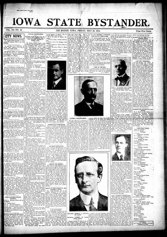Contents include but are not limited to social news (illnesses, weddings, receptions, travel, family visits, and dinner parties), extensive coverage of the Electa Grand Chapter of the Order of the Eastern Star’s annual meeting in Keokuk (officer reports, elections, rituals, social programs), religious services and church updates (Union Congregational, Corinthian Baptist), club events (Wednesday Night Bridge Club, M.C.T. Club, Mary Church Terrell Club), Iowa Federation of Colored Women’s Clubs convention in Des Moines, business updates (Model Drug Store, Public Grocery Co.), political campaigning and endorsements for county and state offices (Griffin, Odle, McNamara, De Graff, Savage, Myerly, and others), regional news from Buxton, Sioux City, Davenport, and Keokuk, tributes and obituaries, and other topics.