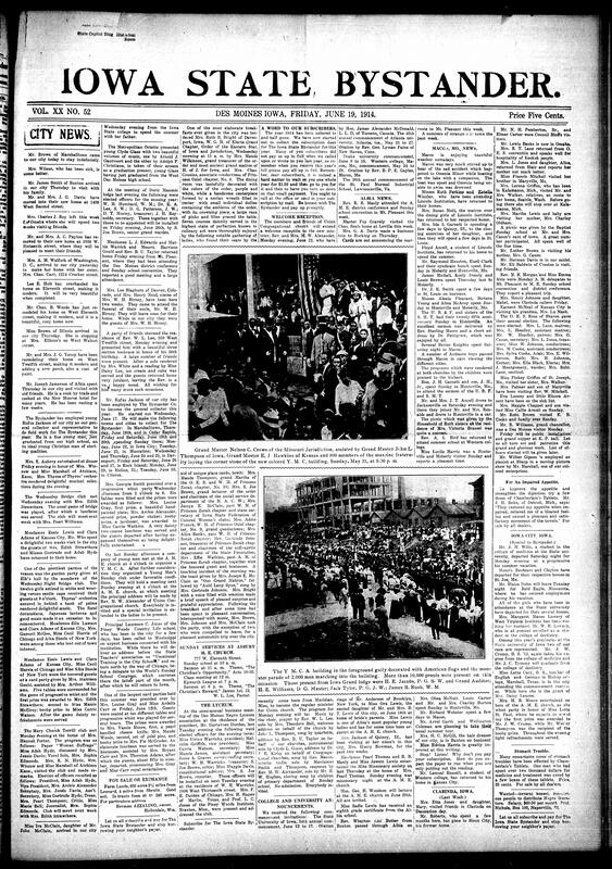 Contents include but are not limited to local social news (illnesses, travel, home renovations, family visits, birthday and dinner parties, weddings, graduations, and funerals), church services and religious programs (Union Congregational, Asbury M.E., Corinthian Baptist, A.M.E. churches in Des Moines, Albia, and Macon), club and cultural activities (Mary Church Terrell Club, Young Women’s Club, Wednesday Night Bridge Club, Dramatic Art Club, Lyceum Society), fraternal events and elections (O.E.S., Masonic Lodge, Heroines of Jericho, Knights of Pythias, and U.B.F.), public receptions and tributes (notably to Rev. and Mrs. W. Alexander and Mrs. Ruth B. Bright of the O.E.S.), educational milestones (Iowa high school graduates, university commencements, Piney Woods Country Life School), the expansion of Black-owned businesses and civic leadership, regional reports from Albia, Macon, Clarinda, Iowa City, and others, and multiple obituaries and funeral announcements, and other topics.