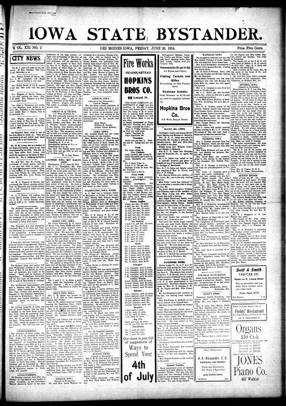 Contents include but are not limited to social news (illnesses, visits, weddings, receptions, travel, graduations, and funerals), religious events and services (Union Congregational, Asbury M.E., Corinthian Baptist, St. Paul A.M.E., and churches across Macon, Mason City, Albia, Waterloo, Clarinda, Buxton, Quincy), club meetings and social programs (R.C. Club, Dramatic Art Club, Mothers’ Congress, Art and Culture Club, Intellectual Improvement Club, A.I.P. Club, sewing circles), fraternal celebrations and lodge news (Doric Lodge, North Star Lodge, Knights and Daughters of Tabor, Heroines of Jericho, Daughters of Tabernacle, Court of Calantha), public receptions and tributes (for Rev. and Mrs. W. Alexander, William McKinley Brooks, 1914 graduates), educational achievements and recognitions (Thomas E. Barton, William Brooks, University of Pittsburgh scholarship, high school honors), regional updates from Macon, Keokuk, Albia, Sioux City, Washington, Clarinda, Ottumwa, Davenport, Waterloo, Buxton, and Quincy, multiple obituaries and funeral reports (John Allen, Lizzie Brooks, Cartas Robue, Amy Green), and other topics.