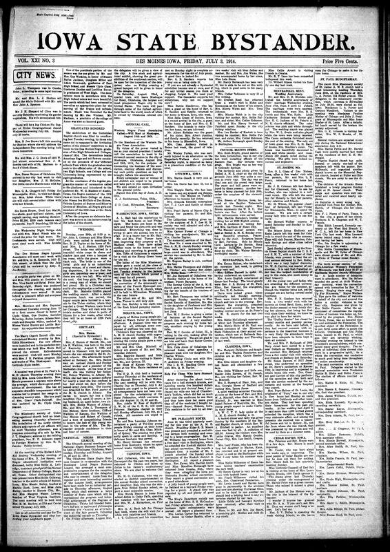 Contents include but are not limited to local social news (visits, illnesses, picnics, parties, and weddings), church activities and missionary programs (A.M.E., Baptist, Congregational churches), women’s clubs (Mary Church Terrell Club, King’s Daughters, Missionary Societies), tributes and obituaries (Mrs. J. Hamm), celebrations for school and college graduates, regional updates from Ottumwa, Clarinda, Cedar Rapids, Moline, St. Paul, Council Bluffs, Minneapolis, Clinton, and Washington, Iowa, and other topics.
