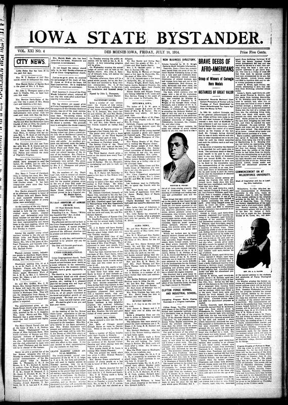Contents include but are not limited to local social news (illnesses, visitors, picnics, weddings), religious events (revivals, missionary meetings, baptisms at A.M.E. and Baptist churches), women’s clubs (Mary Church Terrell Club, Mothers' Congress, King’s Daughters), fraternal and Masonic activities (Eastern Star, lodge elections), obituary tributes (Mrs. Malinda Malone), regional updates from Des Moines, Buxton, Council Bluffs, Clinton, Albia, Davenport, Moline, and St. Paul, and other topics.