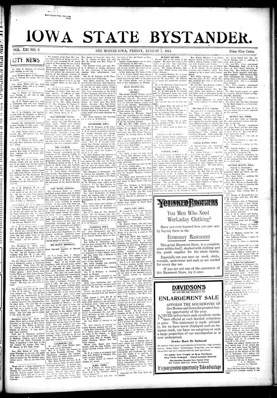 Contents include but are not limited to local social news (illnesses, visits, parties, weddings, funerals), church activities and programs (A.M.E., Baptist, and Methodist churches), women’s clubs and auxiliaries (King’s Daughters, Mary Church Terrell Club, Lend-a-Hand Club), fraternal and lodge events (Masons, Household of Ruth, Knights of Pythias), community meetings and literary programs, regional updates from Albia, Macon, Clinton, Council Bluffs, Minneapolis, Des Moines, and Quincy, and other topics.