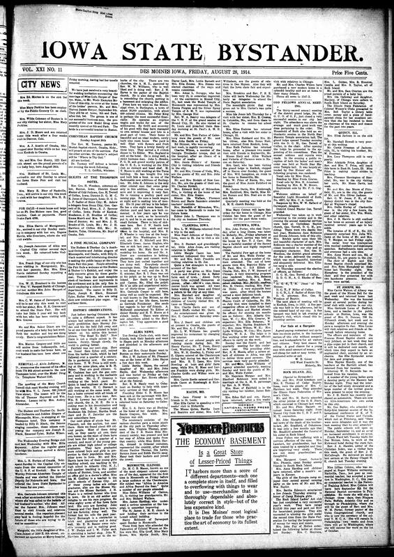 Contents include but are not limited to local social news (illnesses, visits, birthdays, weddings, funerals), religious activities (A.M.E. and Baptist services, Sunday schools, missionary programs), women’s club meetings (Mary Church Terrell Club, Mite Missionary Society, Intellectual Improvement Club), fraternal and civic events (Eastern Star, Masons, Knights of Pythias), tributes and obituaries (Mrs. Brown, Wm. Ward), regional updates from Des Moines, Albia, Buxton, Sioux City, Ottumwa, Clarinda, Davenport, and Mason City, and other topics.