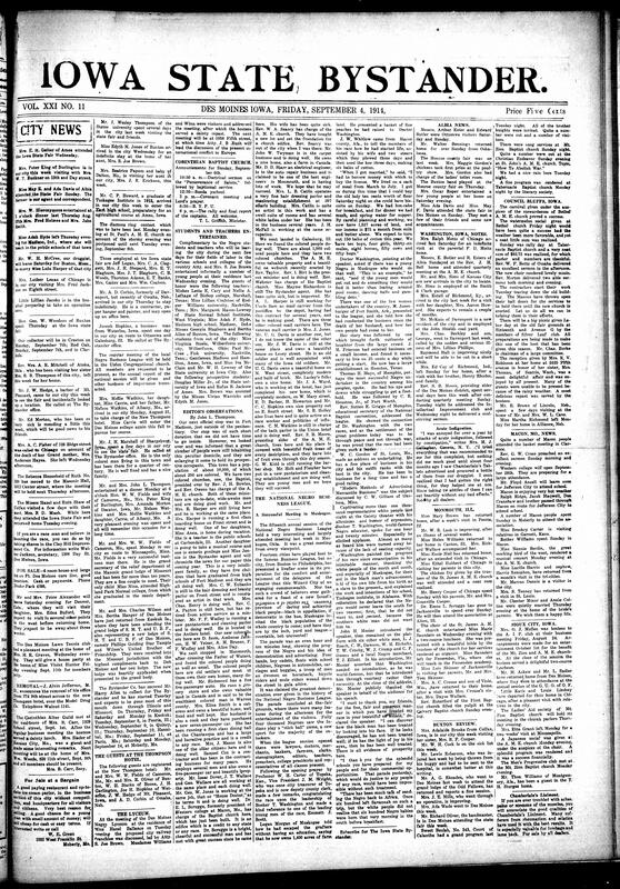 Contents include but are not limited to local social news (illnesses, visits, weddings, birthdays, funerals), religious activities (revivals, baptisms, Sunday school events at A.M.E. and Baptist churches), women’s clubs and auxiliaries (Mary Church Terrell Club, Mite Missionary Society, King’s Daughters), fraternal meetings and anniversaries (Household of Ruth, Masons, Knights of Pythias), obituaries (Mrs. Emma Dooley), regional updates from Albia, Ottumwa, Clarinda, Des Moines, Sioux City, and Buxton, and other topics.