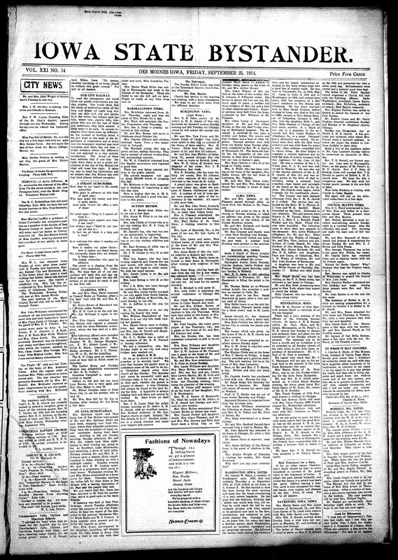 Contents include but are not limited to local social news (visits, illnesses, weddings, club gatherings), religious services and events (St. Paul A.M.E., Corinthian Baptist, Asbury M.E., Mt. Zion, Tabernacle, St. John's churches), women’s and cultural clubs (Mary Church Terrell Club, R.C. Embroidery, Intellectual Improvement Club, Triple “H” Club), Masonic and fraternal activities (Keystone Lodge, Knights of Pythias, Household of Ruth), tributes and obituaries (Mrs. Clara Young, George W. Black), regional updates from Clarinda, Buxton, St. Paul, Burlington, Albia, Macon, Washington, Moberly, Council Bluffs, and Minneapolis, and other topics.