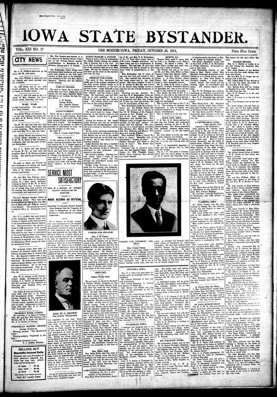Contents include but are not limited to local social news (illnesses, visits, weddings, funerals), church events and missionary activities (A.M.E., Baptist, and other congregations), women’s clubs and societies (Mary Church Terrell Club, Sewing Circles, King’s Daughters), fraternal events and lodge meetings (Masons, Eastern Star, Knights of Pythias), cultural and educational programs (Negro Lyceum, musical recitals), tributes and obituaries (Mrs. Lucy Crocket, Rev. Mr. Ballard), regional updates from Des Moines, Clarinda, Buxton, Albia, Macon, and St. Joseph, and other topics.