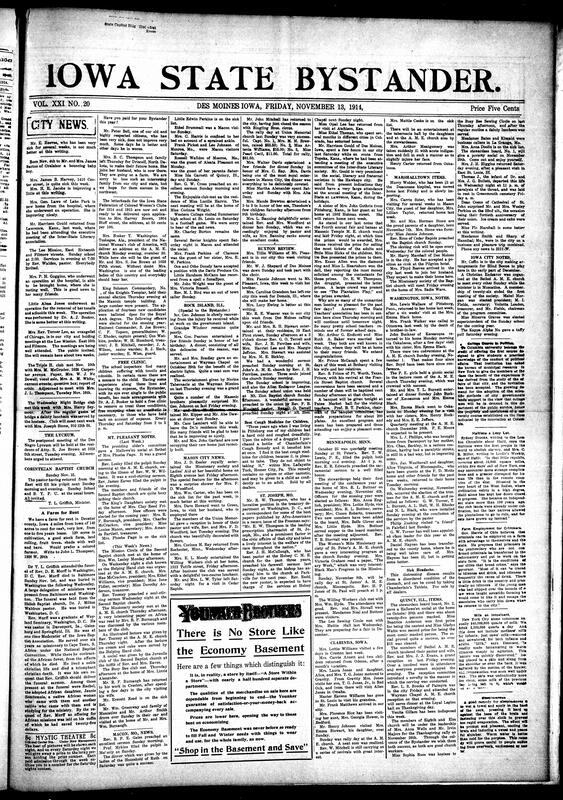 Contents include but are not limited to local social news (visits, illnesses, weddings, funerals), religious services and meetings (A.M.E., Baptist, and Holiness churches), women’s clubs and auxiliaries (Mary Church Terrell Club, King’s Daughters, Mite Missionary Society), fraternal events (Masons, Eastern Star, Knights of Pythias), educational and cultural gatherings (Negro Lyceum, literary programs), tributes and obituaries (Mr. Thomas Carter, Mr. P. Johnson), regional updates from Des Moines, Ottumwa, Albia, Clarinda, Macon, and St. Joseph, and other topics.