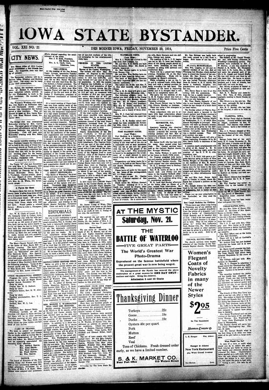 Contents include but are not limited to local social news (illnesses, visits, weddings, funerals), religious activities and programs (A.M.E., Baptist, and other churches), women’s clubs and societies (Mary Church Terrell Club, King's Daughters, Mite Missionary Society), fraternal gatherings and events (Masons, Eastern Star, Knights of Pythias), educational and cultural programs (Negro Lyceum, lectures, literary readings), tributes and obituaries (Mrs. Emma Brown, Mrs. Lottie Logan), regional updates from Des Moines, Ottumwa, Clarinda, Albia, Macon, and St. Joseph, and other topics.