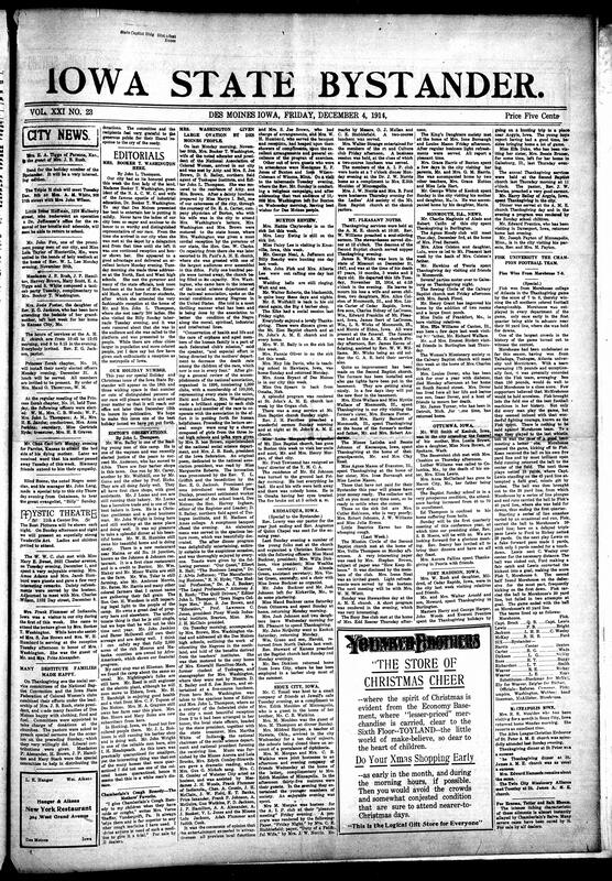Contents include but are not limited to local social news (illnesses, weddings, funerals, club visits), church services and community relief efforts (A.M.E., Baptist, Thanksgiving drives), women's clubs and auxiliaries (Mary Church Terrell Club, Triple Club, W.W.C., King’s Daughters), fraternal events (Princess Zorah Chapter, Elks, Masons), cultural and musical gatherings (Blind Boone visit, Negro Lyceum, literary receptions), tributes and obituaries (Mrs. Booker T. Washington’s visit, Mrs. Hattie Johnson), regional updates from Des Moines, Buxton, Mt. Pleasant, Keosauqua, Sioux City, Fort Madison, and Ottumwa, and other topics.