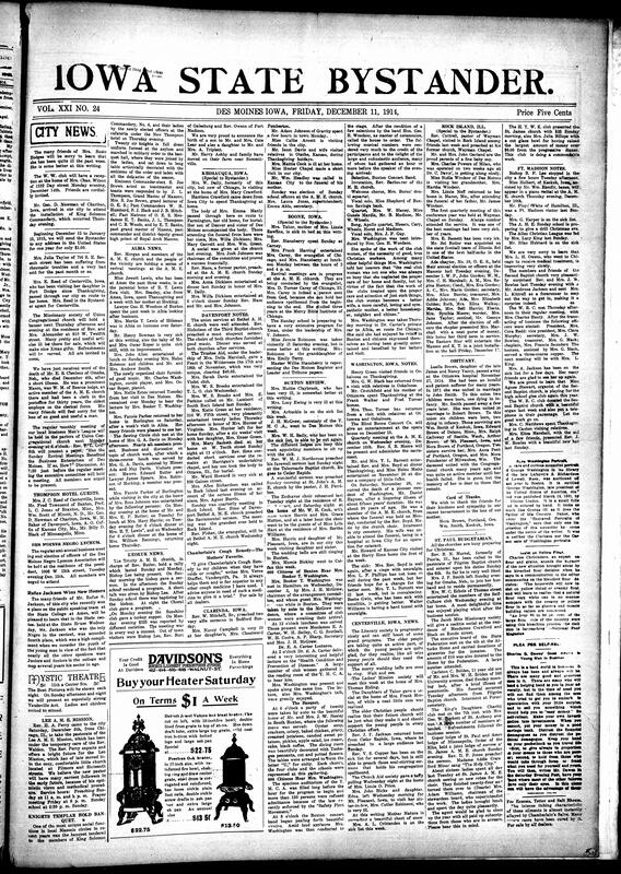 Contents include but are not limited to local social news (illnesses, visits, engagements, weddings, funerals), church services and missionary programs (A.M.E., Baptist, Congregational churches), women’s clubs and societies (Mary Church Terrell Club, King’s Daughters, W.W.C., Self-Improvement Club), fraternal events and elections (Masons, Eastern Star, Knights of Pythias), educational and cultural activities (Negro Lyceum, literary meetings), tributes and obituaries (Mrs. Lizzie Thompson, Mr. A. Johnson), regional updates from Des Moines, Ottumwa, Clarinda, Macon, and St. Joseph, and other topics.