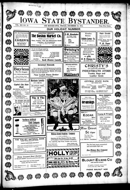 Contents include but are not limited to Christmas Holidays, local social news (illnesses, visits, engagements, weddings, funerals), church events and holiday preparations (A.M.E., Baptist, Congregational services, Christmas programs), women’s clubs and auxiliaries (Mary Church Terrell Club, King’s Daughters, Self-Improvement Club), fraternal activities (Knights of Pythias, Masons, Eastern Star), educational and cultural events (Negro Lyceum, lectures, concerts), tributes and obituaries (Mrs. Delia Bell, Mr. Ed Hall), regional updates from Des Moines, Albia, Ottumwa, Clarinda, and St. Joseph, and other topics.