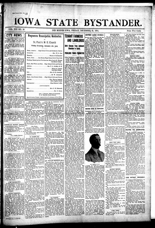 Contents include but are not limited to local social news (holiday visits, illnesses, weddings, funerals), Christmas celebrations and church services (A.M.E., Baptist, and other congregations), women’s clubs and auxiliaries (Mary Church Terrell Club, King’s Daughters, W.W.C., Self-Improvement Club), fraternal and Masonic events (Knights of Pythias, Masons, Eastern Star), cultural and educational gatherings (Negro Lyceum, concerts, readings), tributes and obituaries (Mrs. Henrietta Lane, Mr. Harry Green), regional updates from Des Moines, Buxton, Albia, Ottumwa, Clarinda, and St. Joseph, and other topics.