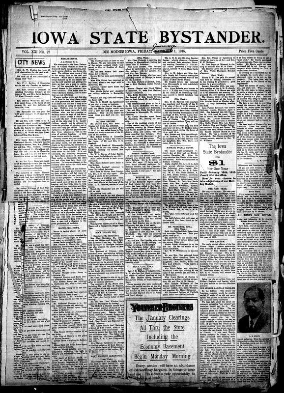 Contents include but are not limited to community news (Molin, Buxton, etc.), hopes for the new year of 1915, old confection recipes, where cancer comes from and tips for prevention, causes of pneumonia in children, newly elected officers at Black Lyceum meeting, critique on the changing times taking away various things like letter writing, and other topics.