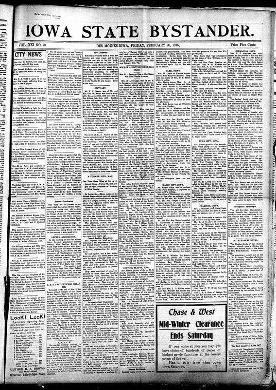 Contents include but are not limited to Des Moines Black Lyceum meeting, Iowa Eastern Star, NAACP monthly meeting announcement obituaries, former Black slave, now attorney, makes plea to court, community news (Oskaloosa, Mason City, etc.), food tips (steak, pickles, etc.), Florida plant constantly changes colors, laughter helping despondency, and other topics.