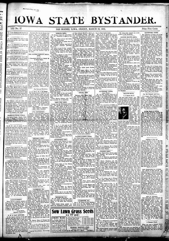 Contents include but are not limited to advertisement for a “Colored Woman’s Magazine”, community news (Galesburg, Marshalltown, etc.), social commentary on human nature, Columbia University offers first practical political affairs course, food tips (boiled beef, apples, etc.), agricultural experts detail cooking greens and onions, Amazonian “Indian” pottery puzzles experts, and other topics.