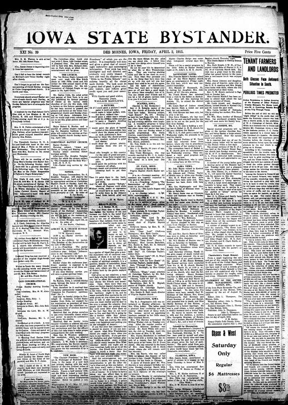 Contents include but are not limited to poems, community news (Scandia, Davenport, etc.), Southern tenant farmers and landlords’ economic hardships, WWI potential “positive effects” debated, Belgian refugees find care and shelter in Ireland, easter comics, Russian soldiers envision Skobelev leading them in battle, Niagara Falls power plan, and other topics.
