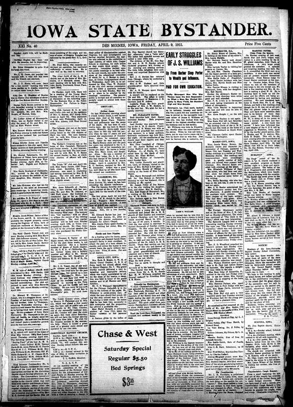 Contents include but are not limited to obituaries, Des Moines NAACP addresses discrimination, community news (Sioux City, Mt. Pleasant, etc.), Black man success story, Masonic notes, USDA promote cooking value of seeds, Galicia's ancient salt mines, ironing board instructions, food tips (pies, pancakes, etc.), Black leaders organize against racist professor’s remarks, other topics.