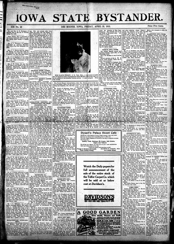 Contents include but are not limited to Iowa legislature adjourns, community news (Mason City, Albia, etc.), National Negro Press Association declares loyalty, German U-boat commanders show courtesy to British victims, “Uncle Sam” approved flytrap, Alfred Stead vividly describes a village under shell fire, children with brittle bone disease, and other topics.