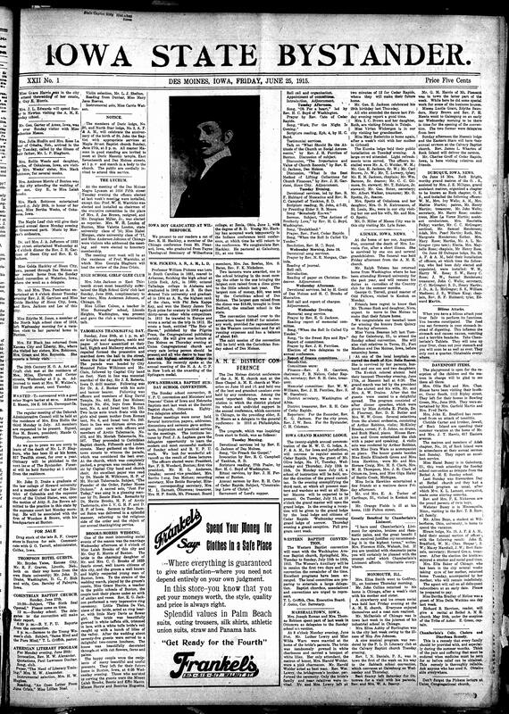 Contents include but are not limited to Black Des Moines Lyceum meeting and elected officers, accouchement of Taborian thanksgiving activities, Iowa-Nebraska Baptist Sunday school convention, AME Des Moines conferences, 28th annual meeting of Iowa Grand Masonic lodges soon, community news (Monmouth, Marshalltown, etc.), six British soldiers evade Germans for 9 months, Russia city Petrograd shows no immediate WWI strain, and other topics.