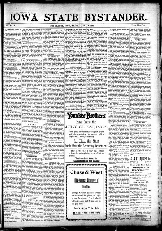 Contents include but are not limited to NAACP announcements, William Pickens in Des Moines church, community news (Centerville, Galesburg, etc.), submarine advancements yet to give British advantage in Naval warfare, warnings of unexploded bombshells in the future, German scientific discoveries, and other topics.