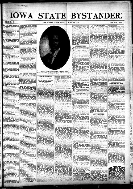 Contents include but are not limited to Des Moines NAACP board meeting scheduled, community news (Albia, Mystic, etc.), news editors’ observations, freemasons meet in Iowa, American in French Foreign Legion details horrific WWI trench combat, report details relatively comfortable conditions for allied prisoners in German camps, breeders enhancing homing pigeons through selective breeding, and other topics.