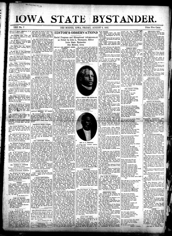 Contents include but are not limited to Des Moines Black Lyceum meeting, news editors’ observations of Chicago and Detroit, community news (Oskaloosa, Keokuk, etc.), poem following a Black man experiencing racial discrimination, American missionaries recount the harrowing defense of Van, British munition plants, Russian thoughts on German military strategies, and other topics.