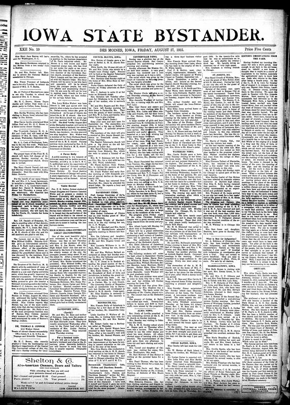 Contents include but are not limited to community news (Rock Island, Centerville, etc.), news editors’ observations of farms, obituaries, U.S. surprisingly small and unevenly distributed military force despite having nearly 17 million men of military age, Mother Manephie shrine, Dr. Moritz von Rohr invents "Punktal perfect lens”, rabies, flags, and other topics. 