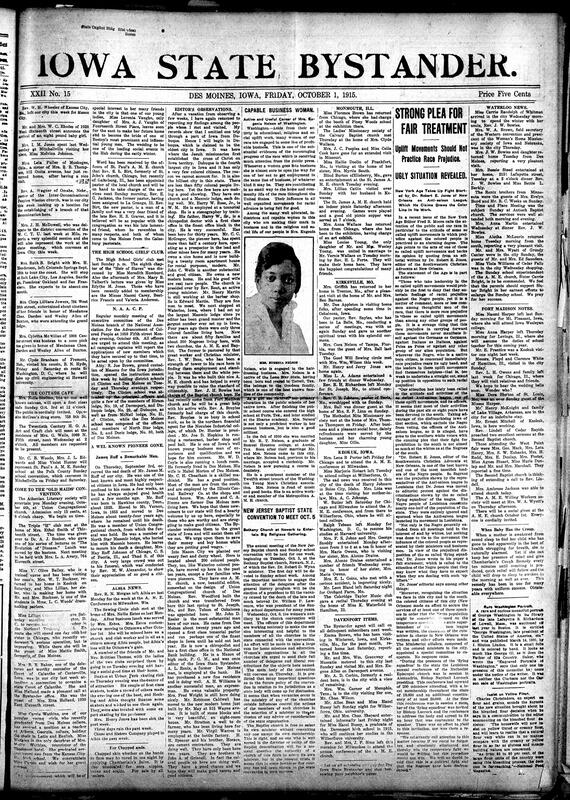 Contents include but are not limited to NAACP meeting for new members applications, news editors’ observations, death of notable local man, community news (Albia, Keokuk, etc.), Black businesswoman excelling in hairdressing, New Jersey Baptist State Convention meeting soon, New York Age criticizes Anti-Saloon League's racial prejudice, and other topics.
