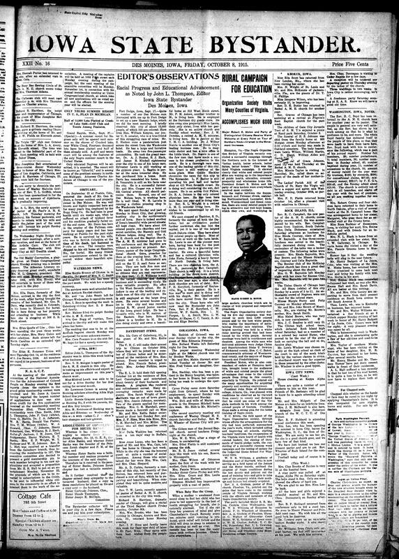 Contents include but are not limited to obituaries, news editors’ observations of racial progress, community news (Davenport, Iowa City, etc.), Virginia's Negro Organization Society conducts successful rural education campaign, Switzerland maintains neutrality amidst WWI, ear defenders protect soldiers from deafness, and other topics.