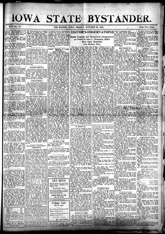 Contents include but are not limited to wedding in Clarksville, Missouri, Woman’s Suffrage Club meeting, news editors’ observations of racial progress, community news (Rock Island, Yankton, etc.), Lincoln Jubilee in Chicago celebrates 50 years of Black freedom, soldier describes hazardous WWI telephone lineman's job, alarm watch made for the deaf, and other topics.