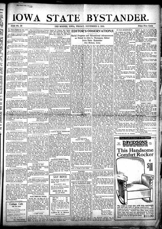Contents include but are not limited to NAACP re-elects officers and plans events, Malay missionary to preach in Des Moines, community news (Albia, Keokuk, etc.), Republicans win Eastern state elections, snipers’ deadliness in trench warfare, causes of hay fever, stretcher bearer recounts horrific WWI experiences, and other topics.