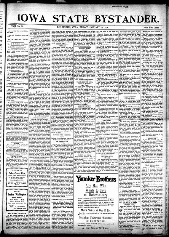 Contents include but are not limited to NAACP announcements, fire breaks out in AME church after annual conference, Kansas City selected to hold 17th annual NNBL meeting, obituaries, community news (Scandia, Colfax, etc.), Carranza faces trouble in Mexico post-war reconstruction, water life belt innovations, and other topics.