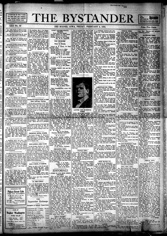 Contents include but are not limited to Des Moines NAACP to hold 4th quarterly meeting, various different church programs, editorial message to Black high school students, community news (Rock Island, Iowa City, etc.), municipal judge candidate, German soldiers establish school in Poland for local children, and other topics.