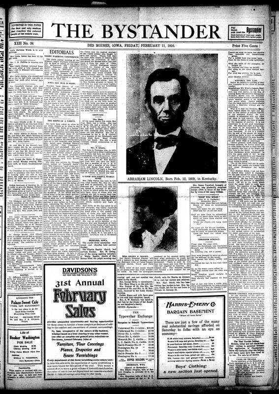Contents include but are not limited to Black farmer conference, explanation on Bystander’s protest against film “The Birth of a Nation”, obituaries, community news (Bedford, etc.), poem on helping the weak and Abraham Lincoln, criticism of Senator Cummins on Southern Black voting rights, details of Lincoln’s assassination, and other topics.