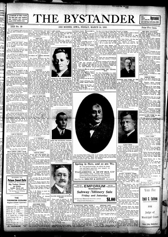 Contents include but are not limited to obituaries, local elections next Monday, Bystander advises Black voters to support candidates who are on their papers, various images and descriptions of different candidates for next Monday, community news (Bedford, Oralabor, etc.), Georges Guynemer becomes a national hero in France, commander dies trying to cut Turkish cable, and other topics.