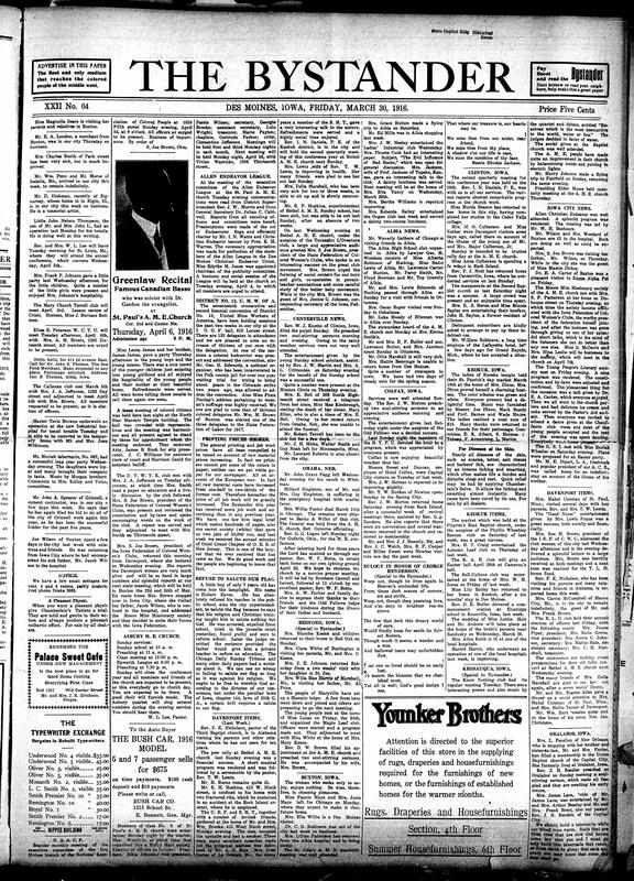 Contents include but are not limited to community news (Centerville, Omaha, etc.), church programs, eulogy in honor of George Henderson, Arab cavalry swarm British in Mesopotamia, Germans finds new undisclosed substitute for ferromanganese in steel production, stories of old German general Von Haeseler, list of states without primaries, and other topics.