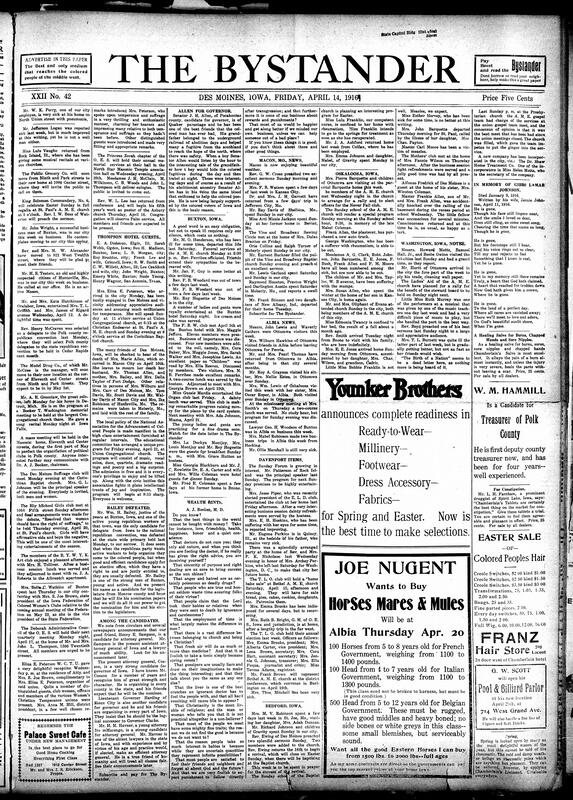 Contents include but are not limited to Bystander advocation for candidates, community news (Macon, Oskaloosa, etc.), notes on life and human nature, Battle of Verdun, Swiss school system being tested out in California, Children's Bureau advises rural parents on baby care, highest dam in the world in Idaho, Tuskegee Institue hopes to improve rural lives, and other topics.