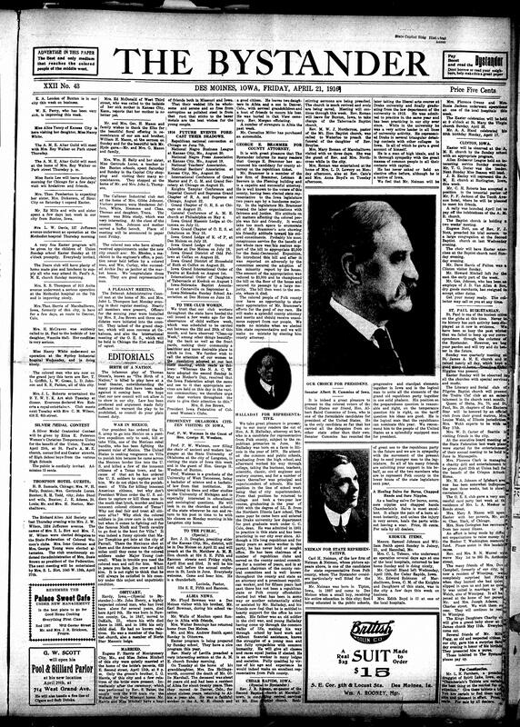 Contents include but are not limited to local theater showing "The Birth of a Nation" despite protests, obituaries, 1916 event calendar, community news (Albia, Keokuk, etc.), pictures and descriptions of candidates for president and state representative, Rodman Wanamaker announces construction of a new aircraft designed for a 30-hour transatlantic flight, foot-and-mouth disease supposedly eradicated in the U.S., and other topics.